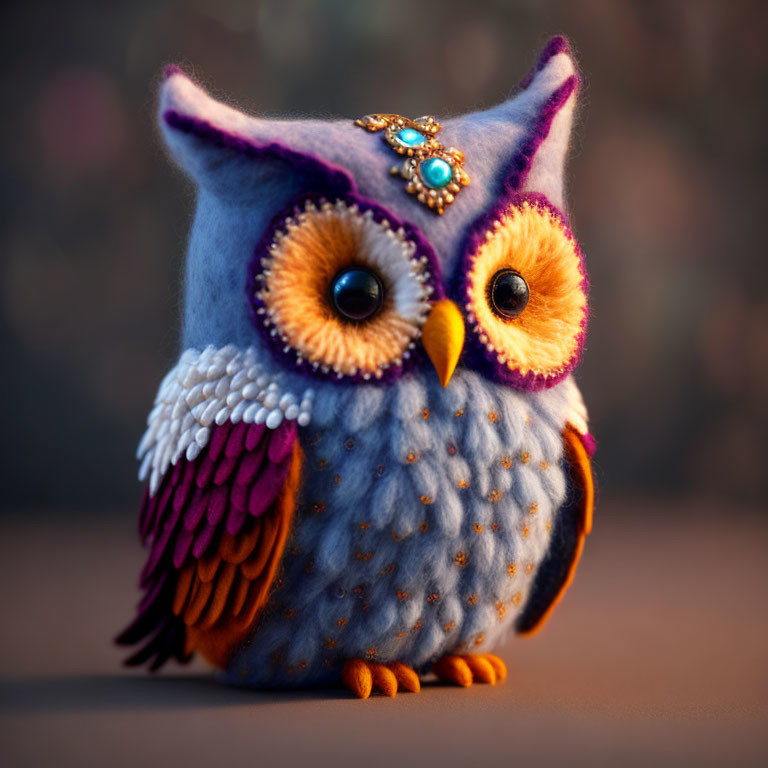 Colorful Plush Owl with Orange Eyes and Jeweled Headdress