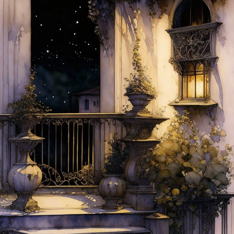 Ornate balcony illustration at night with vases, plants, ivy