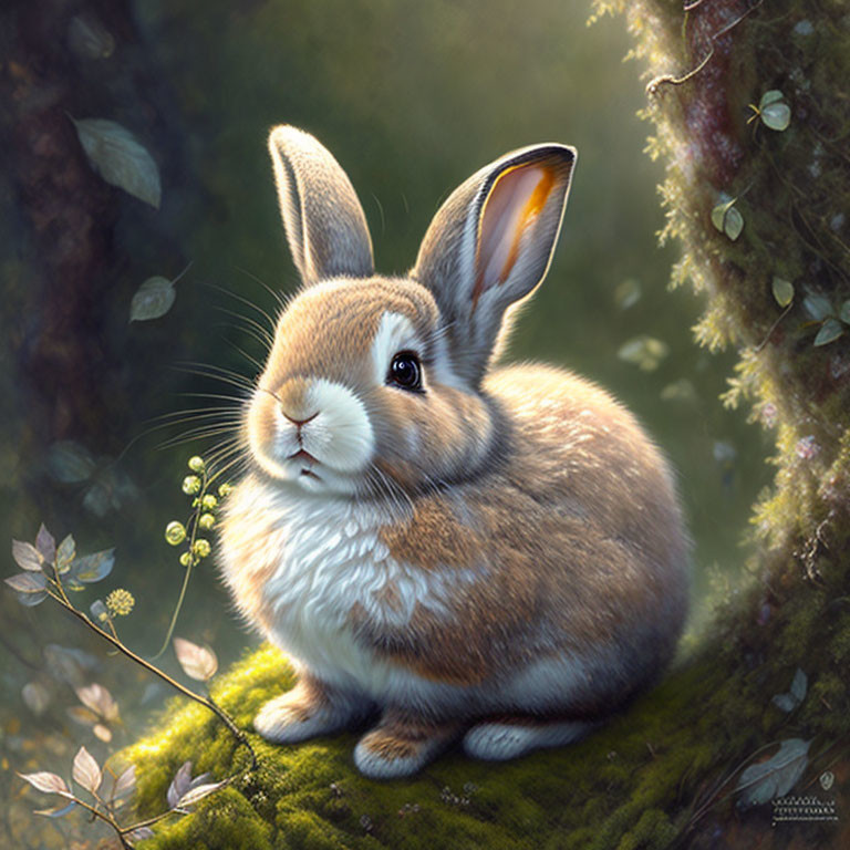 Realistic digital painting of brown and white rabbit in nature.