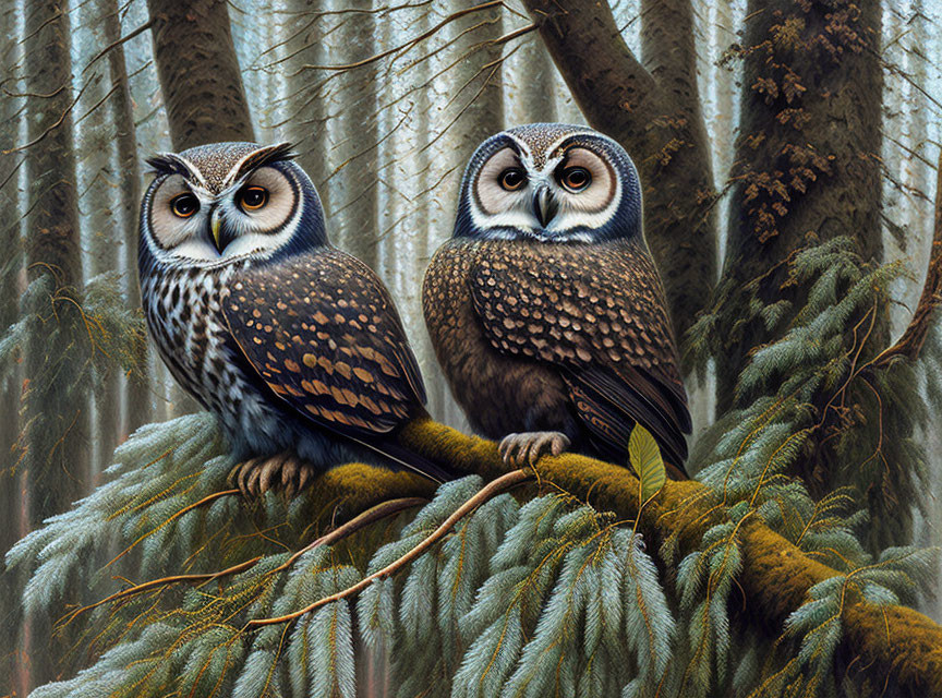 Realistic owls on branch in misty forest