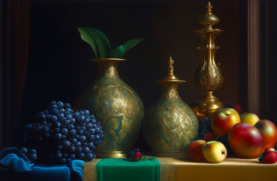 Ornate golden vases, purple grapes, fruits, and blue cloth on table