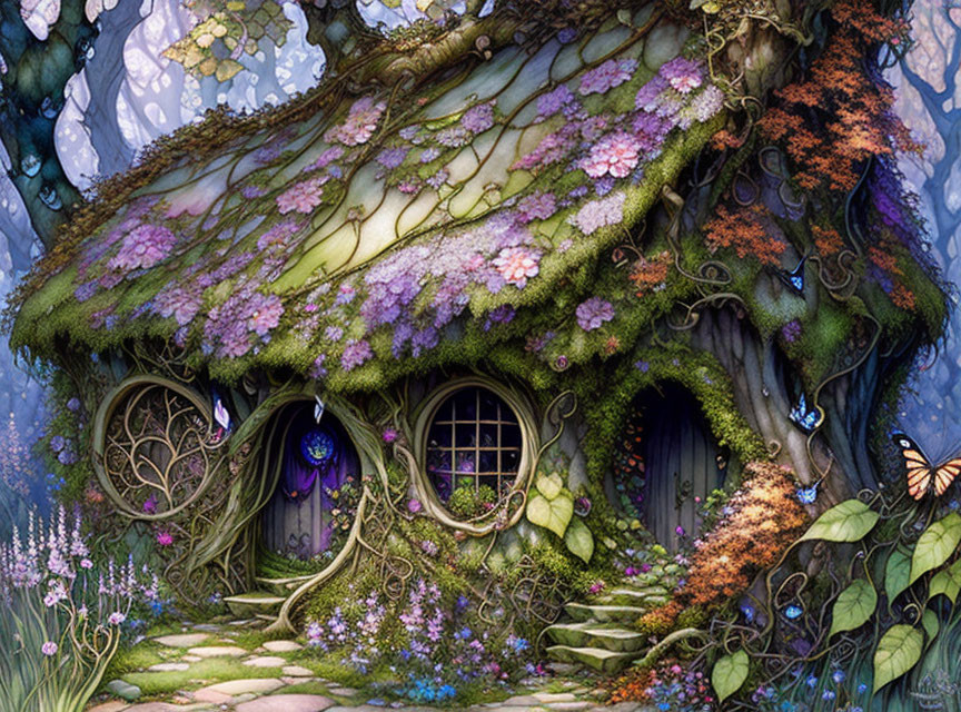 Forest cottage with moss, flowers, round windows, purple door, and butterflies.