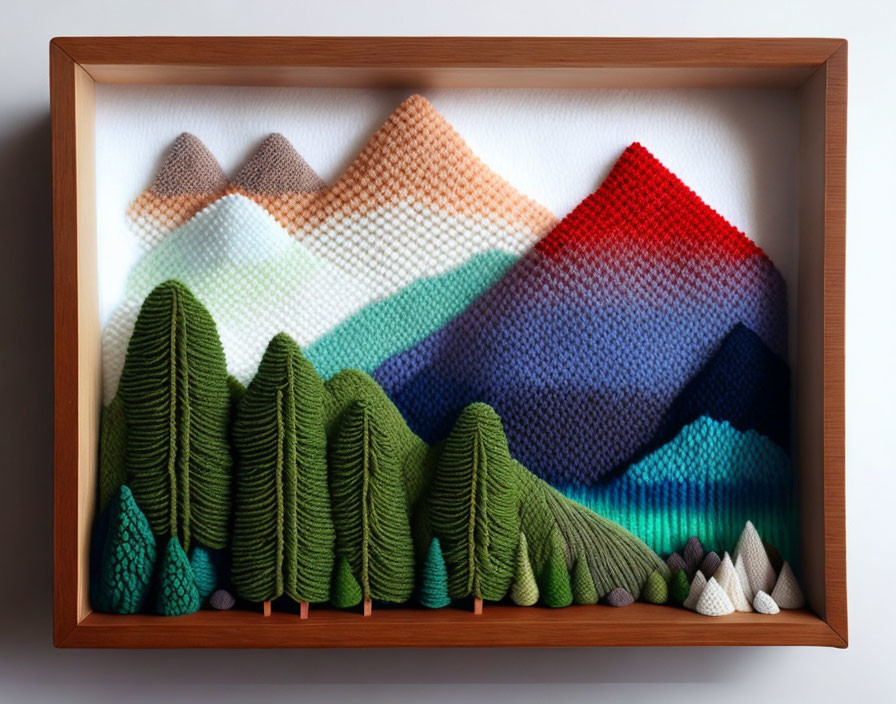 Colorful 3D Textile Art Landscape in Wooden Frame