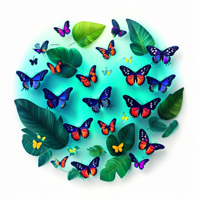 Colorful Butterfly and Green Leaves Circle on White Background