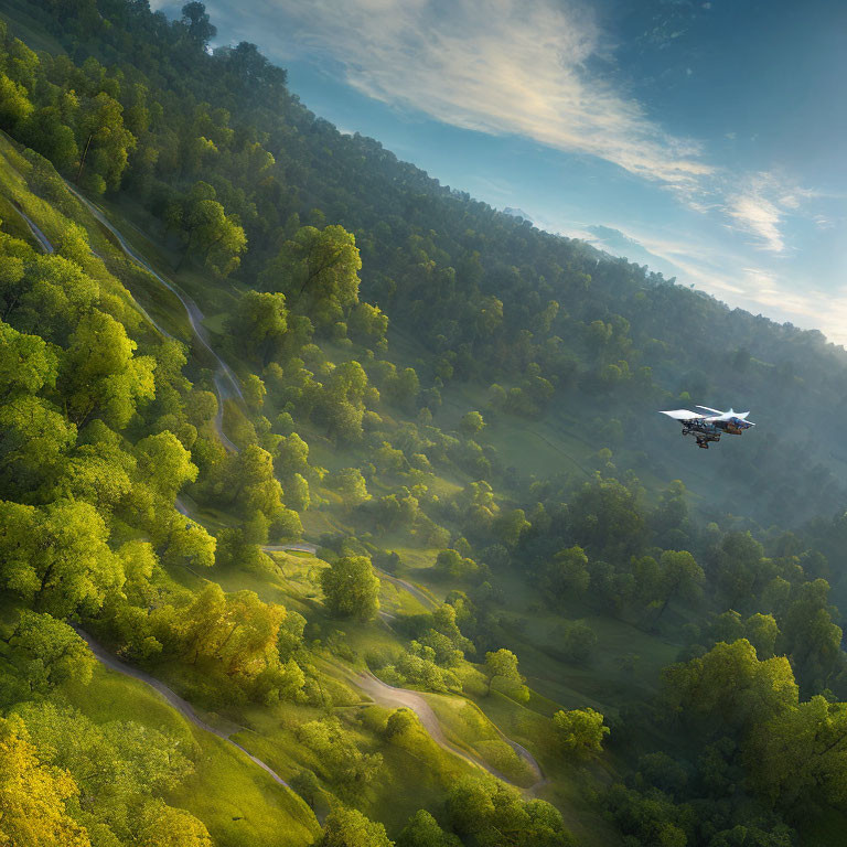 Aerial view of lush green forest with winding paths under soft sunlight