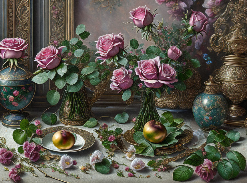 Elegant still life with pink roses, golden tableware, ripe apples