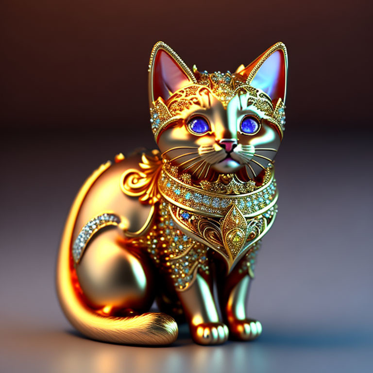 Cat with ornate gold and jeweled metalwork in digital art