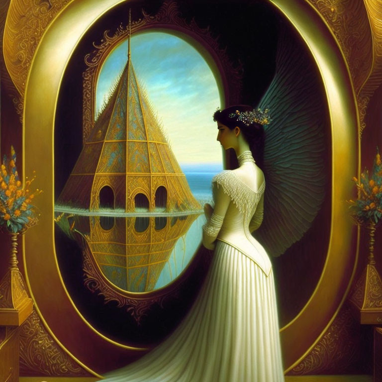 Woman in white dress gazes at ship with golden sails through oval window