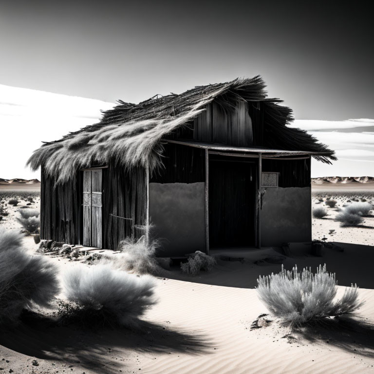 Monochrome image of dilapidated shack in desert landscape