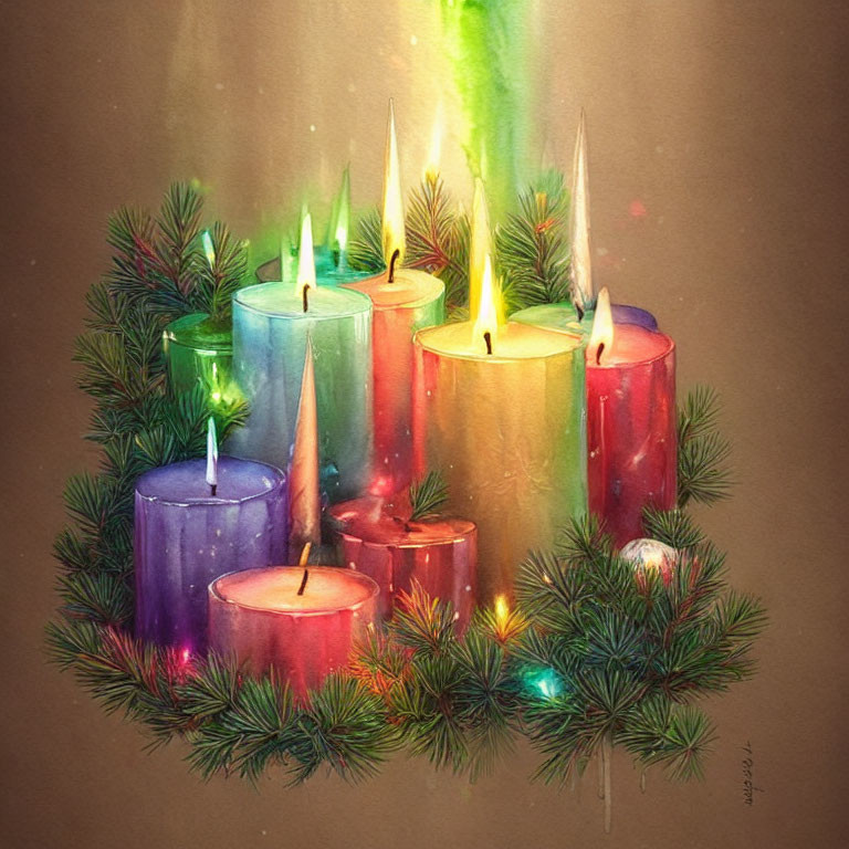 Colorful Candle Arrangement Among Evergreen Branches