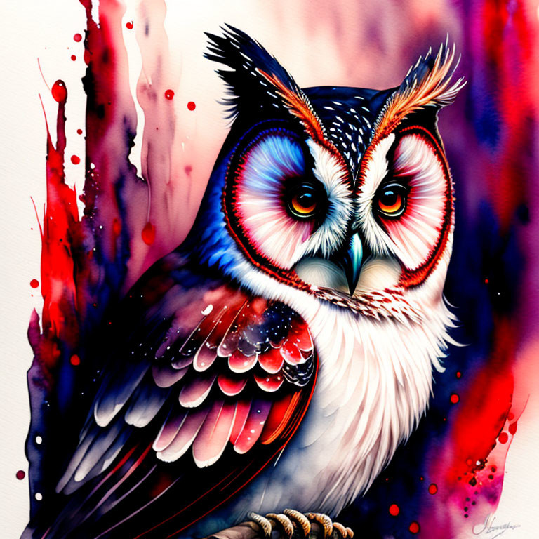 Colorful Owl Illustration with Blue, Red, and White Feathers on Red Splashes