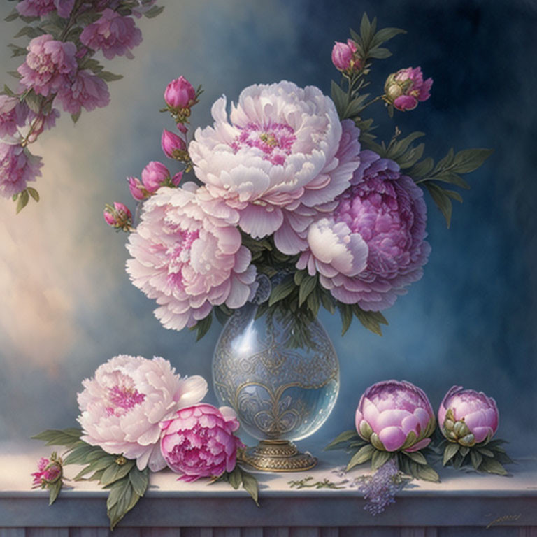 Pink peonies bouquet in decorative vase with soft, moody background