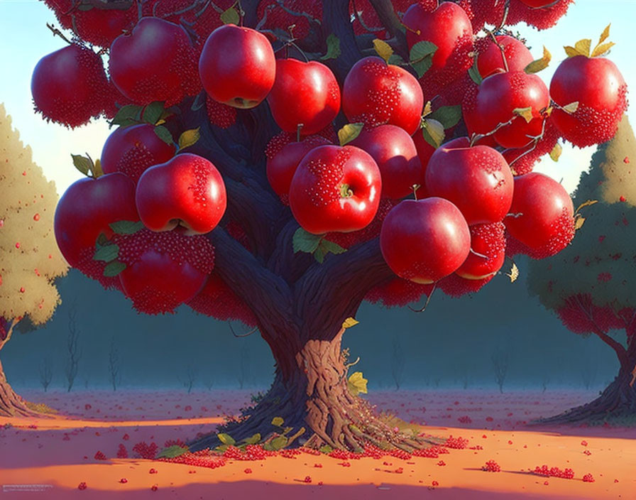 Serene orchard scene with lush apple tree and oversized red apples