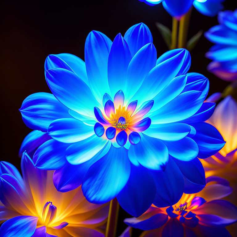 Bright Blue Flowers with Golden Centers on Dark Background