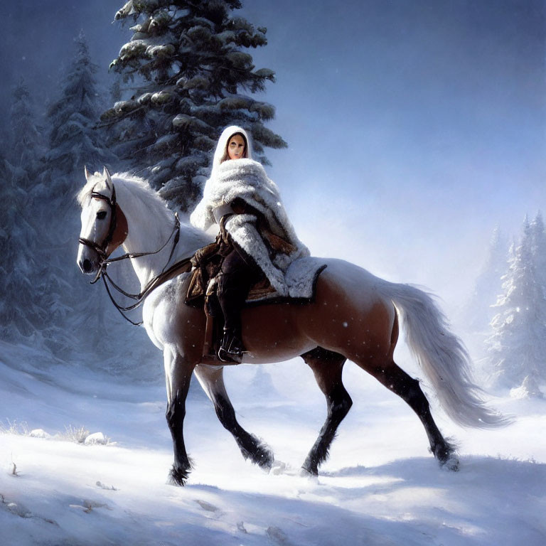 Person in white winter cloak on white horse in snowy landscape with evergreen trees