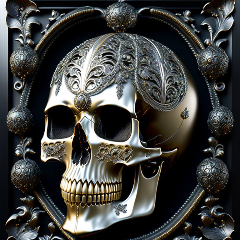 Detailed Metallic Skull Design on Dark Background with Ornate Embossed Elements