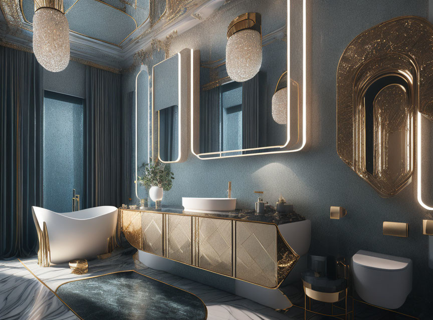 Modern luxurious bathroom with gold accents, blue walls, chandeliers, and unique bathtub