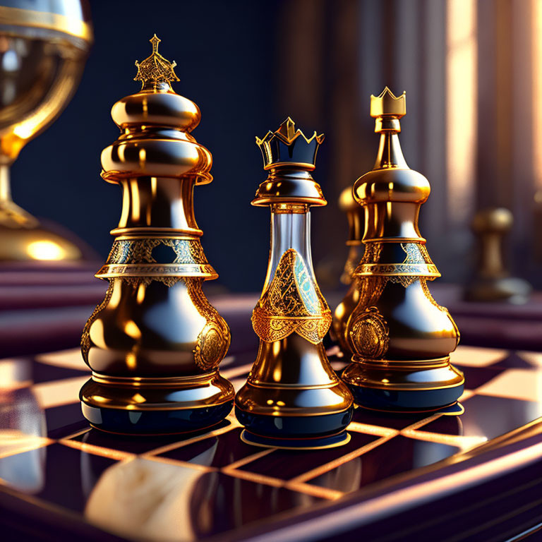 Golden Chess Set with Intricate Designs on Reflective Board