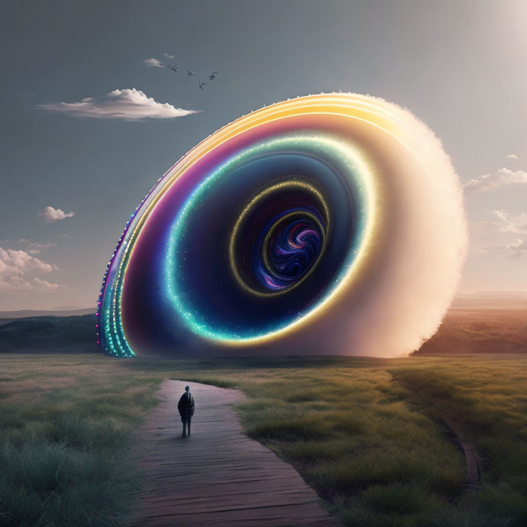 Person walking towards surreal swirling vortex in grassland under cloudy sky