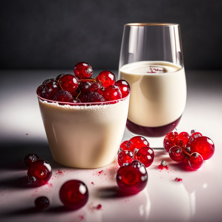 Red Currants Bowl with Glass of Milk on Reflective Surface