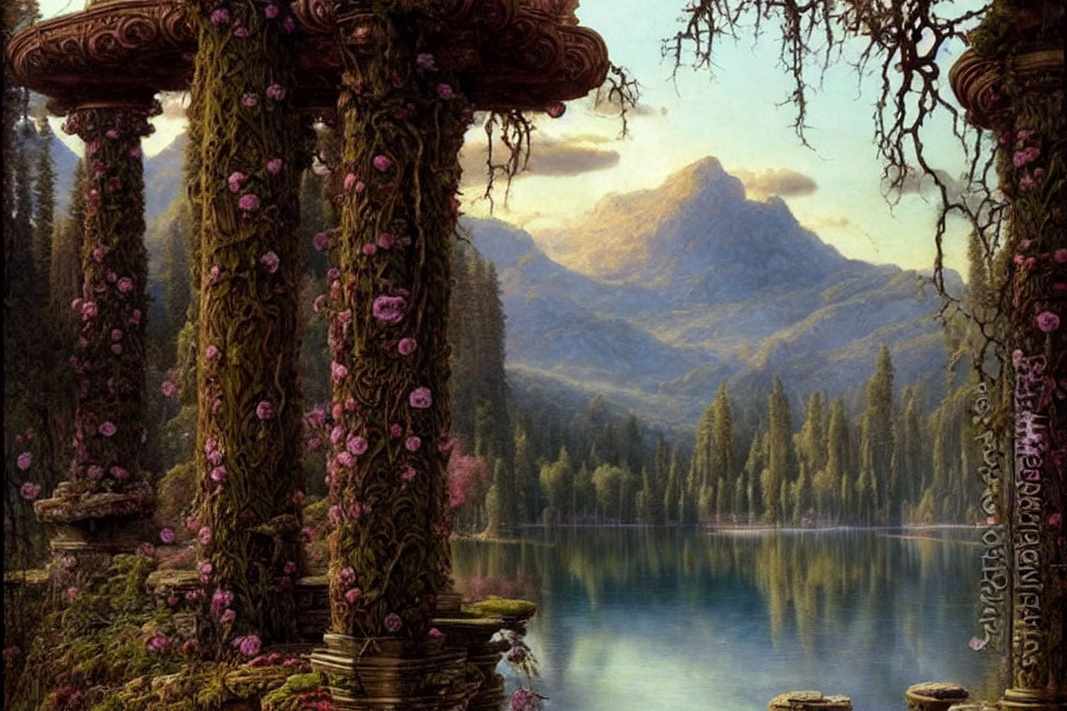 Tranquil lakeside view with pink flowers, columns, forest reflection