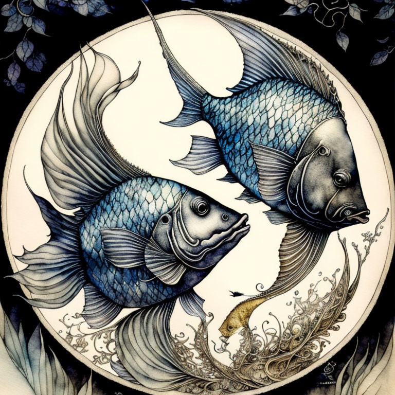 Stylized fish in yin-yang arrangement with intricate scales and foliage