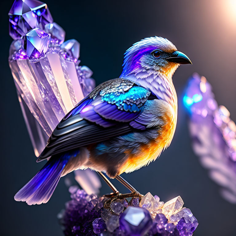 Colorful Bird on Amethyst Crystals with Purple and Blue Feathers