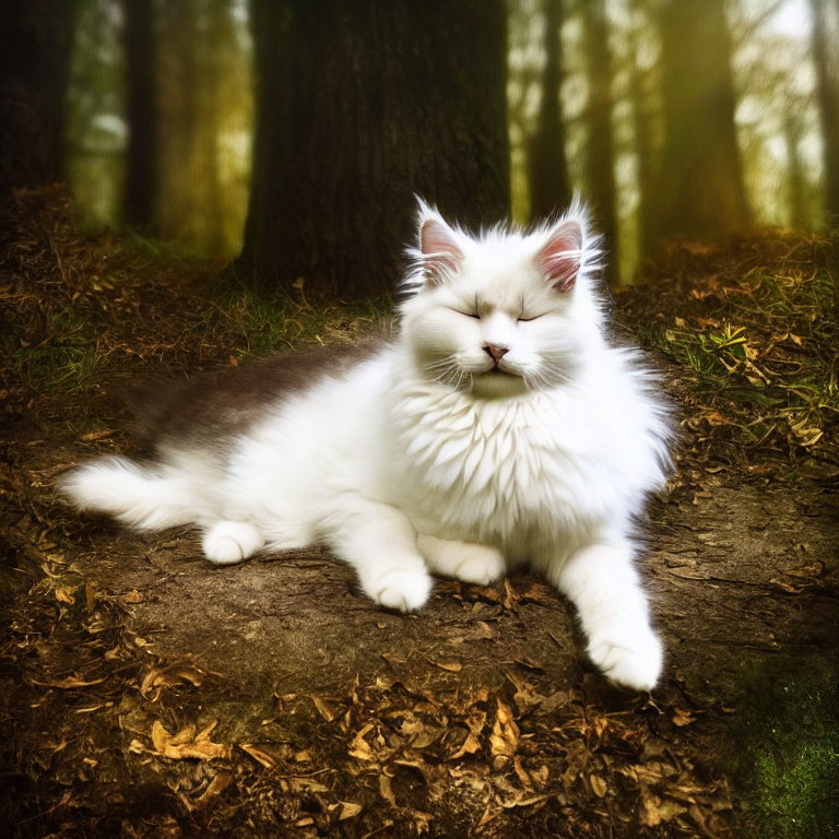 Fluffy White Cat with Luxurious Mane Resting in Sun-Dappled Forest