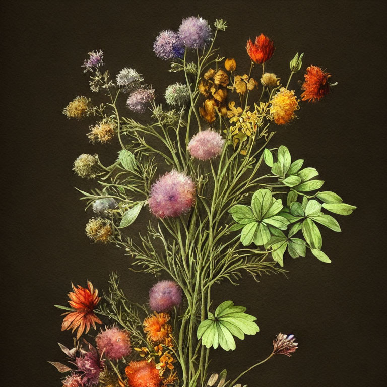 Vibrant botanical wildflower illustrations on dark backdrop