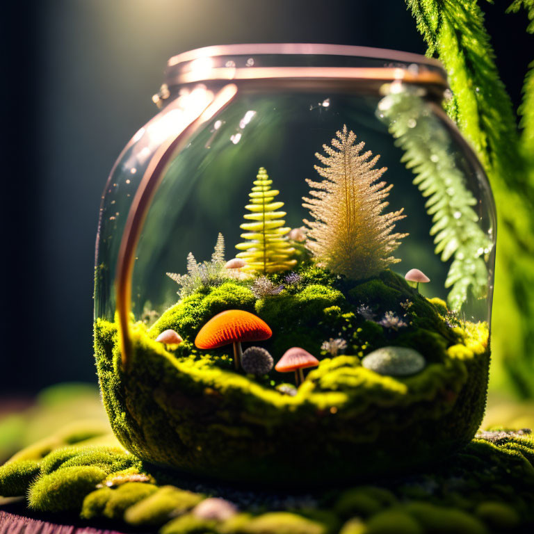 Miniature forest terrarium with vibrant green moss and trees under warm light