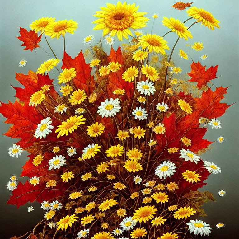 Colorful autumn bouquet with yellow daisies and white flowers on muted backdrop