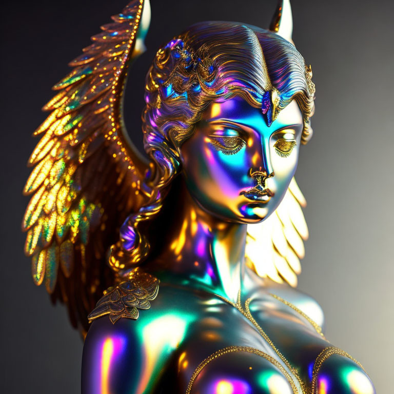 Iridescent statue of mythical female figure with wings and horns