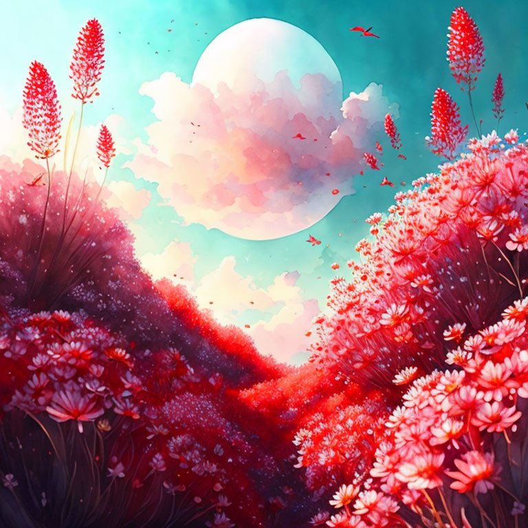 Fantasy landscape with glowing moon, red foliage, birds, and pink sky