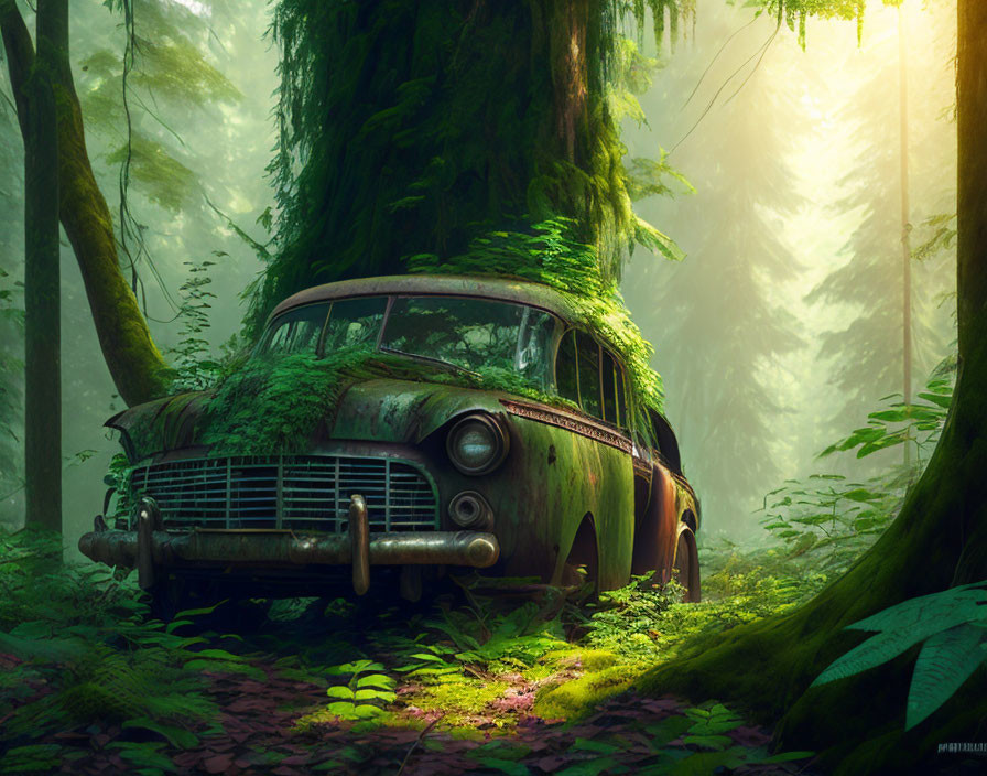 Abandoned car covered in moss in misty forest