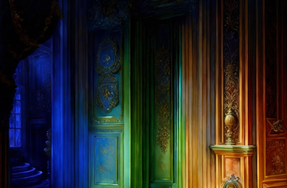 Colorful antique wooden panels in blue, green, and yellow light