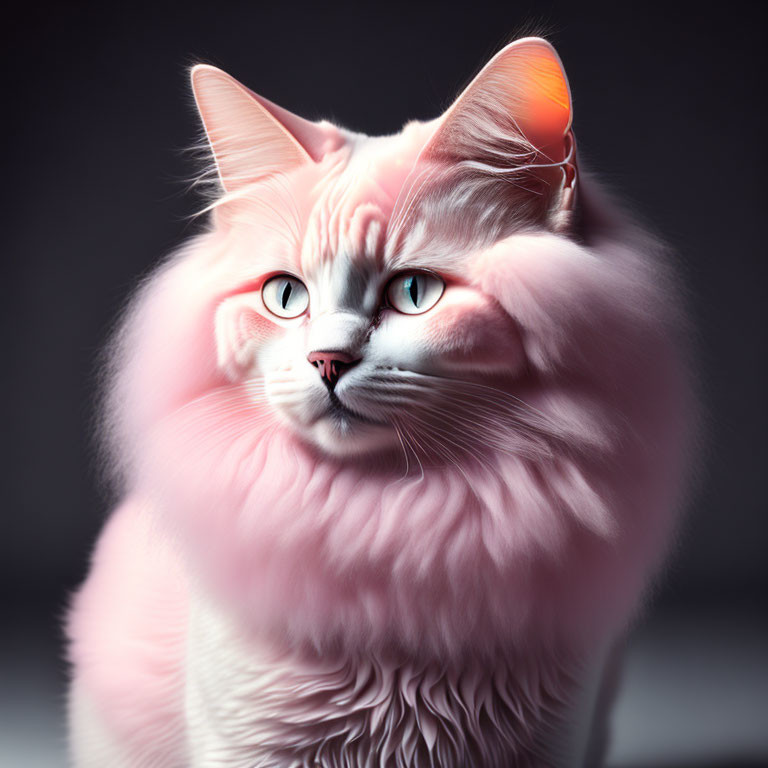 Fluffy Pink Cat with Blue Eyes on Dark Background