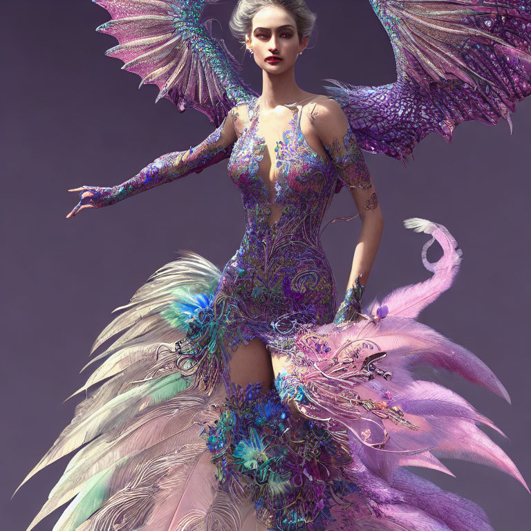 Majestic fantasy figure with iridescent wings and intricate patterns