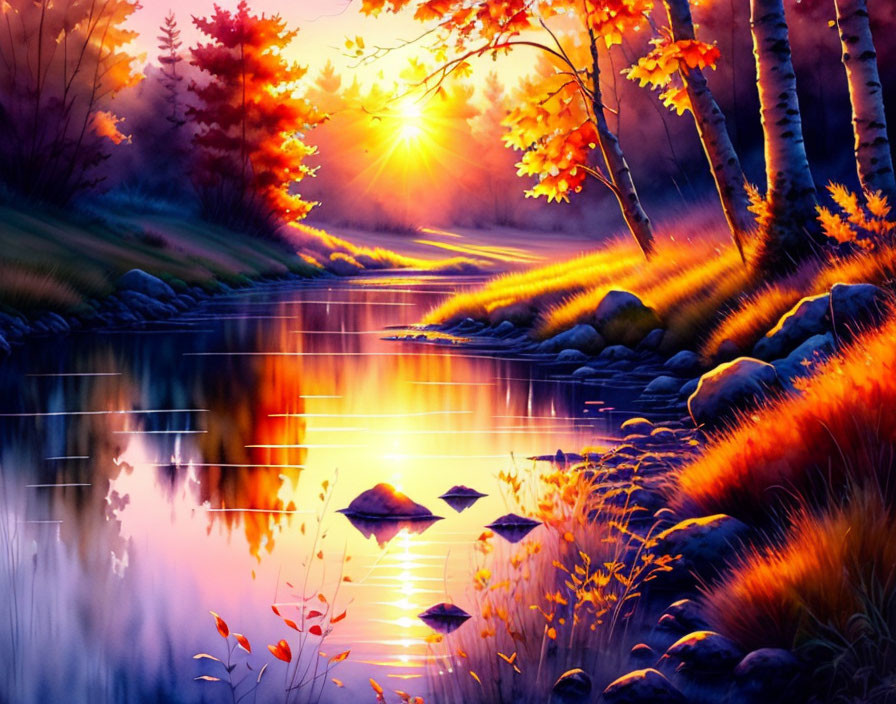 Serene river sunset painting with autumn trees reflection