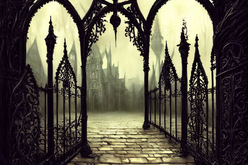 Gothic scene: Ornate iron gate, cobblestone path, mist-covered mansion