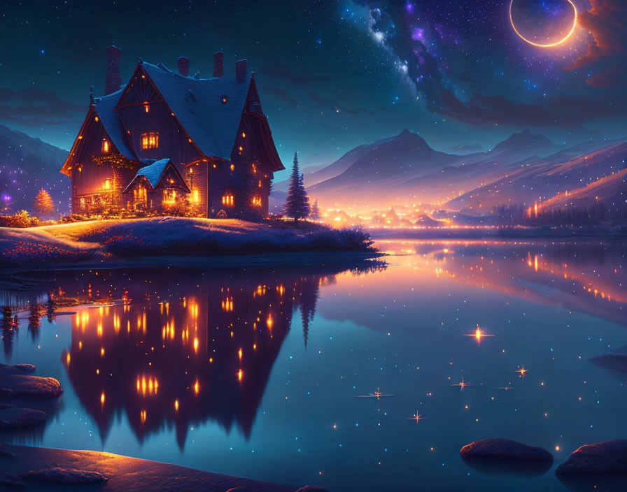 Tranquil lake cottage under starry night sky