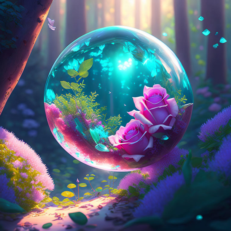 Mystical bubble with roses and foliage in enchanted forest with butterflies and musical notes