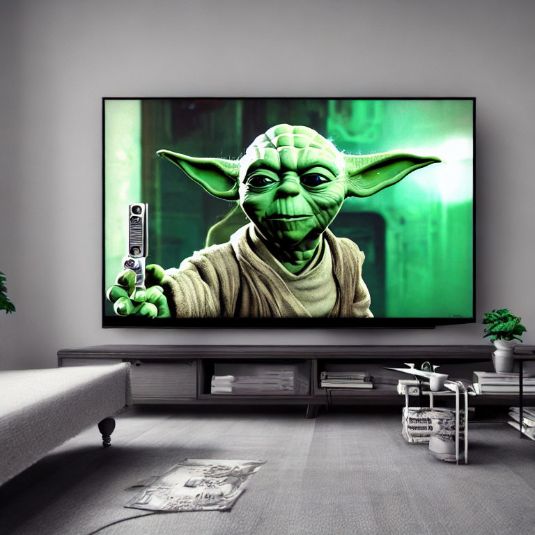 Spacious living room with large TV showing Yoda, remote on couch