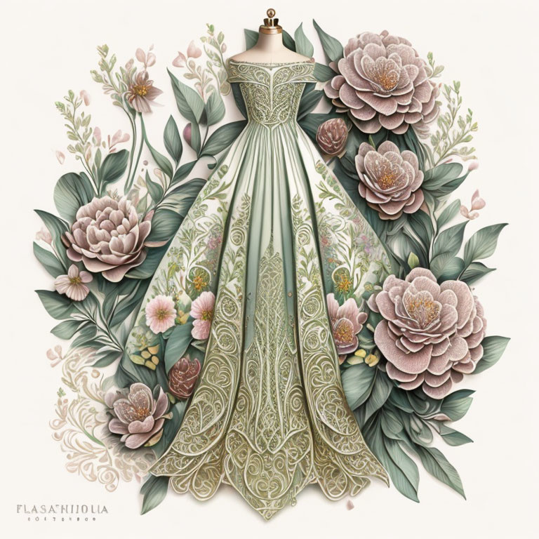 Detailed Embroidered Gown on Mannequin Surrounded by Pink & Green Flora