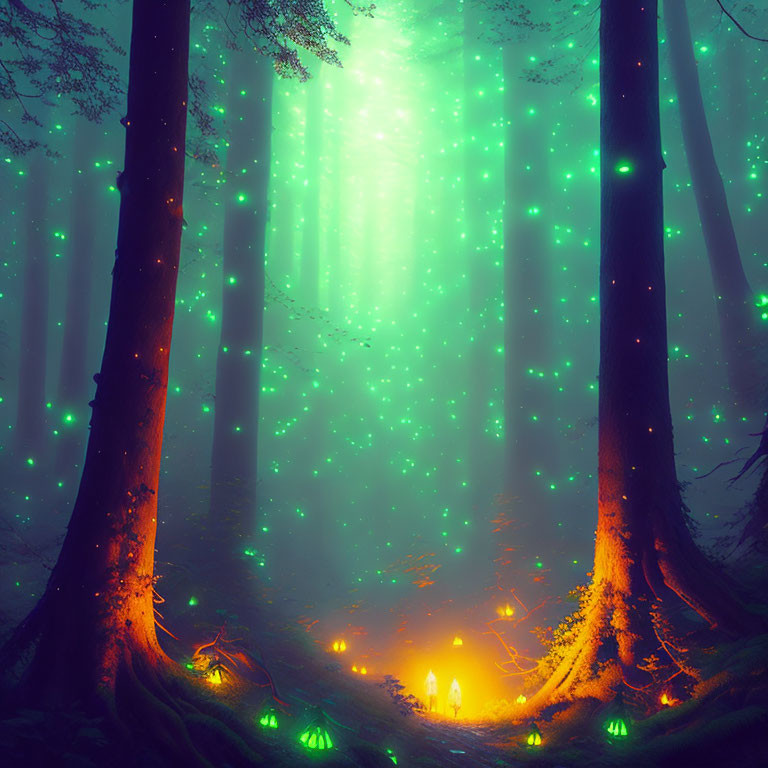 Mystical forest with tall trees, glowing lights, and small figures