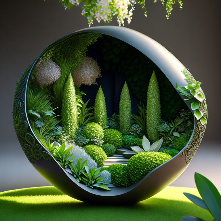 Spherical terrarium with lush greenery and intricate foliage patterns