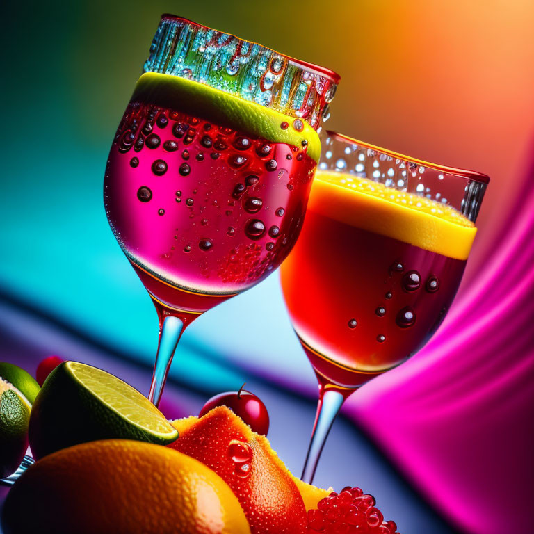 Bubbly red beverage with lime garnishes on vibrant background