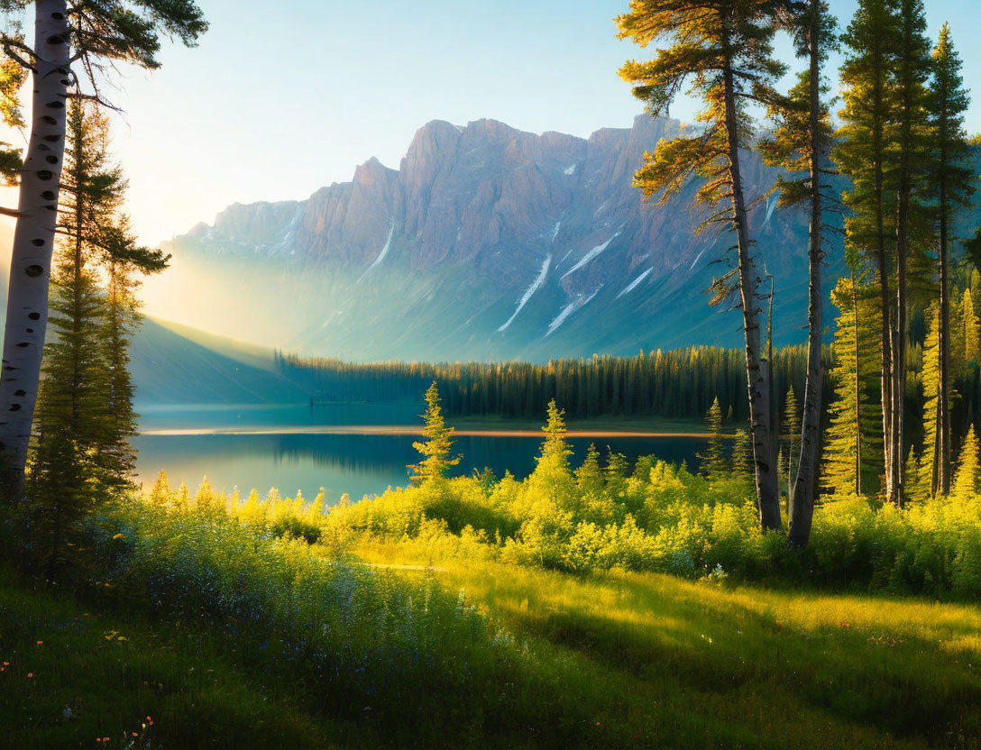 Scenic Alpine Lake at Sunrise with Mountainous Backdrop