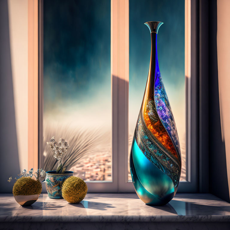 Blue ornate vase with small bowls and plants by sunny window