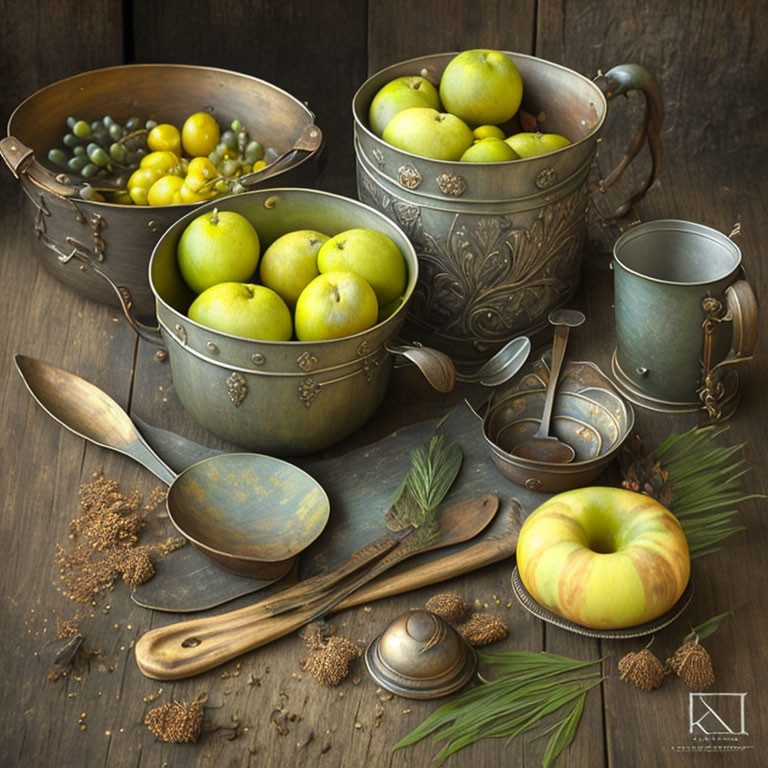 Rustic wooden surface with vintage metal tableware, green apples, olives, nuts, leaves