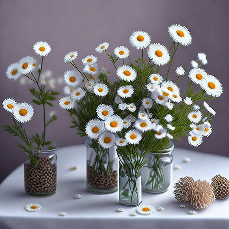 Colorful daisies in glass vases with petals and pine cones on table against purple backdrop